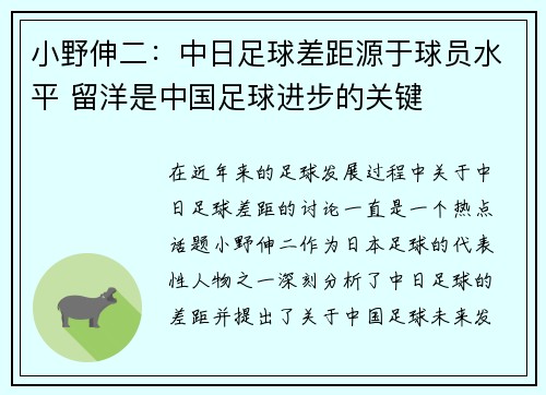 小野伸二：中日足球差距源于球员水平 留洋是中国足球进步的关键