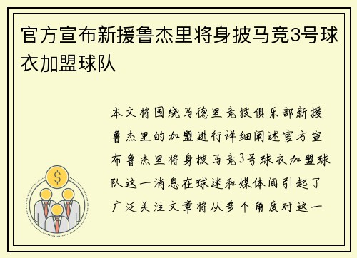 官方宣布新援鲁杰里将身披马竞3号球衣加盟球队